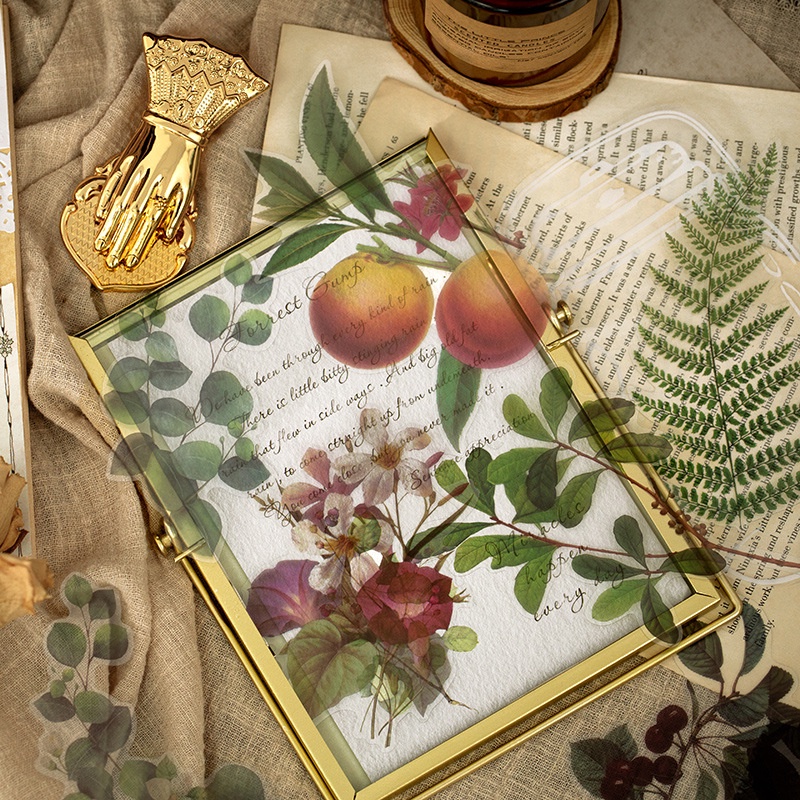 Set 10 sticker vintage hoa lá, hoa hồng retro, lá dương xỉ và lá tròn cổ điển trang trí sổ