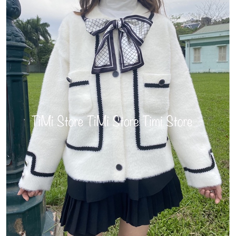 Áo khoác cardigan len lông thỏ kèm nơ lụa Timi Store hàng QC(ảnh thật cuối) | BigBuy360 - bigbuy360.vn