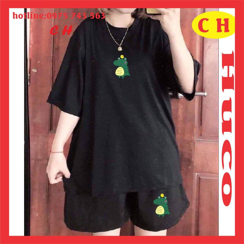 áo thun, phông hè ngắn tay khủng long đội gà cotton + quần đùi ống rộng logo, sét đồ bộ nam nữ unisex freesize nam nữ