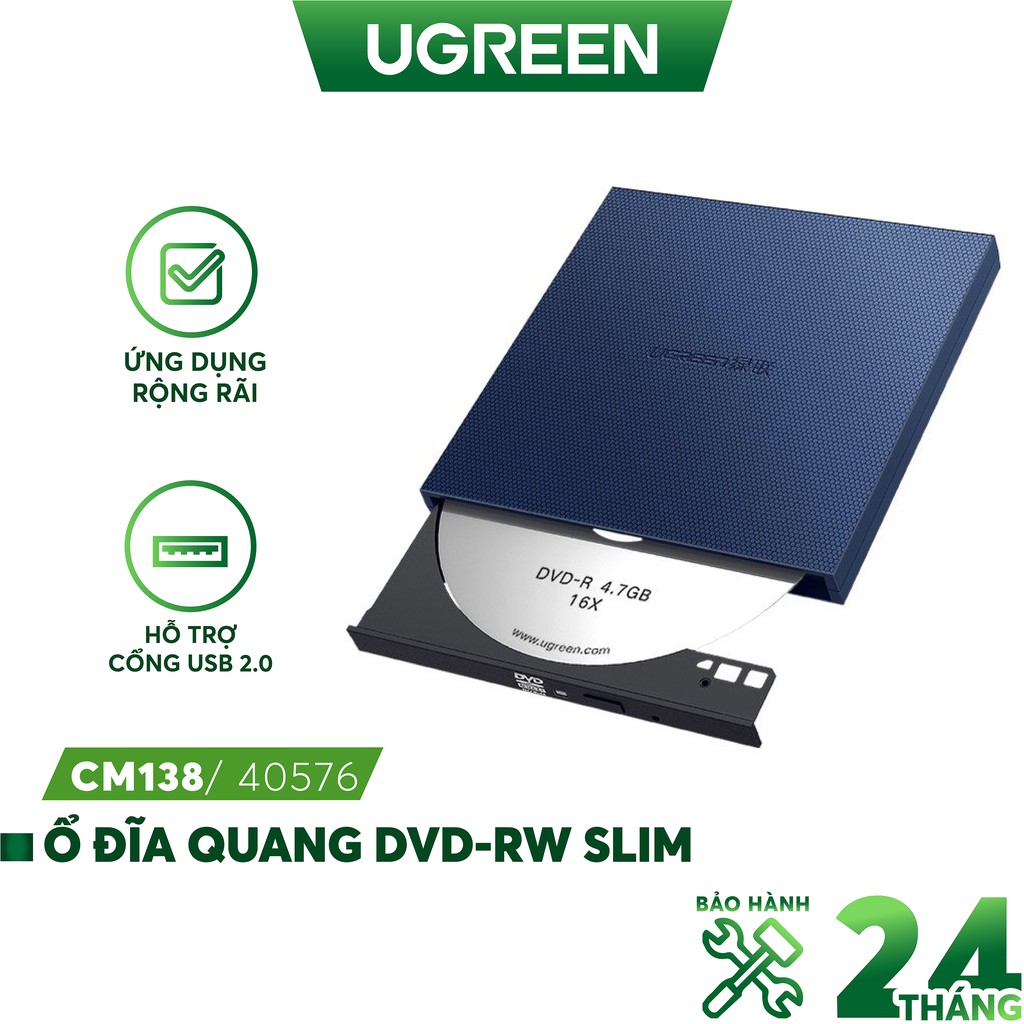 [Mã ELTECHZONE giảm 5% đơn 500K] Ổ đĩa quang DVD-RW Slim gắn ngoài hỗ trợ cổng USB 2.0 UGREEN CM138 40576