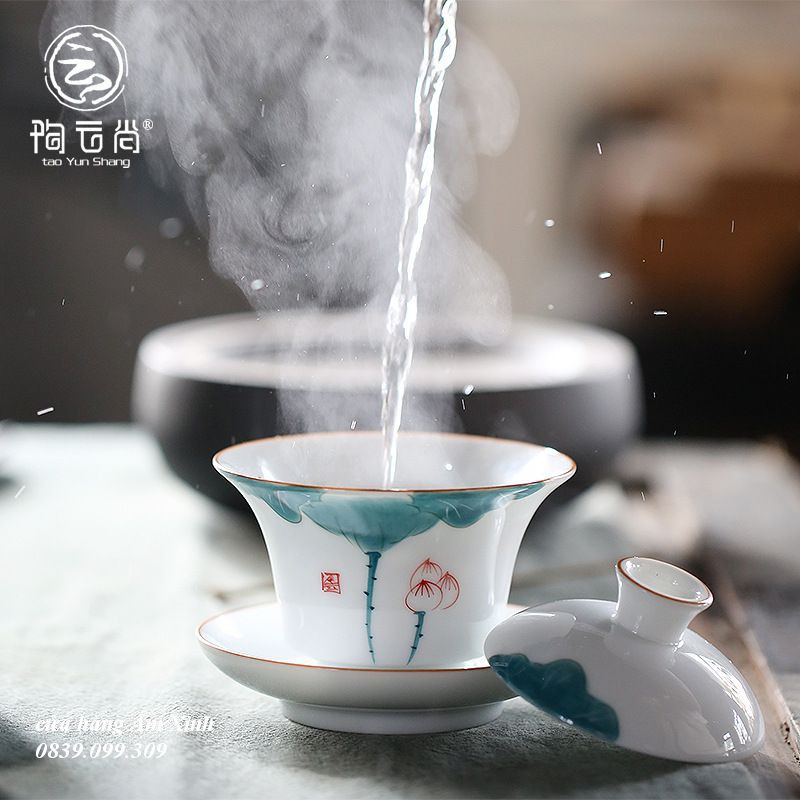 Chén Khải sứ trắng Bạch Định thấu quang vẽ tay Liên Hoa 175 ml