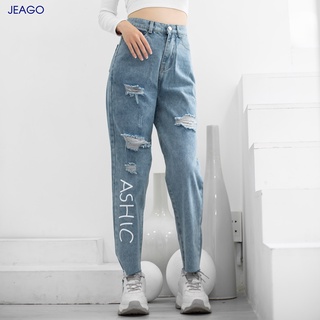 Quần jean baggy nữ ❤️ Quần cạp lưng cao in chữ ASHIC rách gối cá tính, chất bò dày dặn - LX1