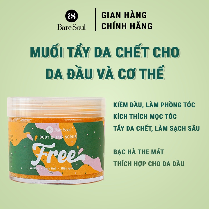 Muối tắm gội tẩy tế bào chết da đầu, tóc và tẩy tế bào chết cơ thể BareSoul FREE Body &amp; Hair Scrub 300g