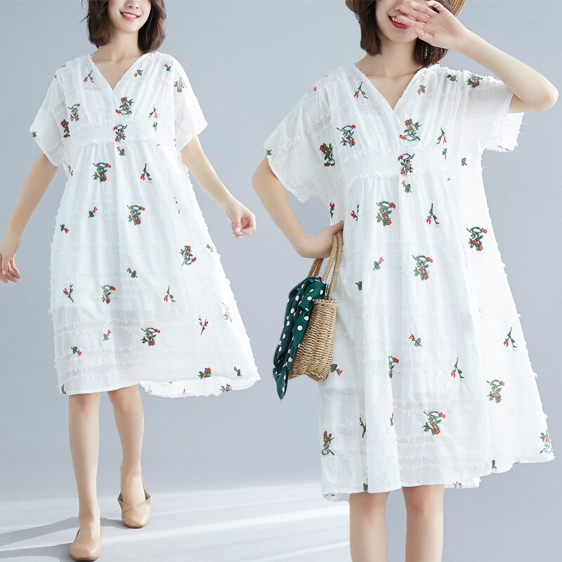 Đầm Cotton lanh dáng rộng cổ chữ V thêu họa tiết thời trang mùa hè cho mẹ bầu