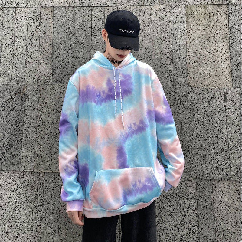 Hồng Kông gió mùa thu và mùa đông Chic Tie Dye trùm đầu Áo len nam Tide Hip Hop Harne Cặp đôi Áo khoác Ins Loose Kích th