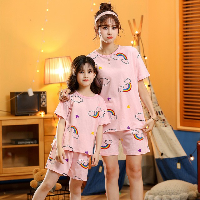 Bộ quần áo đôi cộc tay chất cotton cho mẹ và bé gái mặc nhà phong cách Hàn Quốc xinh xắn, đáng yêu