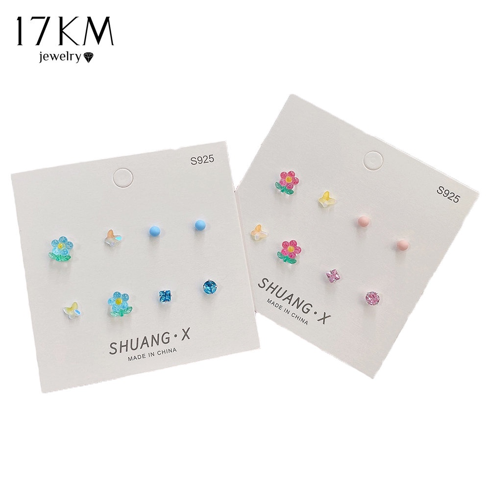 Khuyên tai 17KM mạ bạc S925 hình hoa tulip/bướm/hình học đính pha lê thời trang dành cho nữ