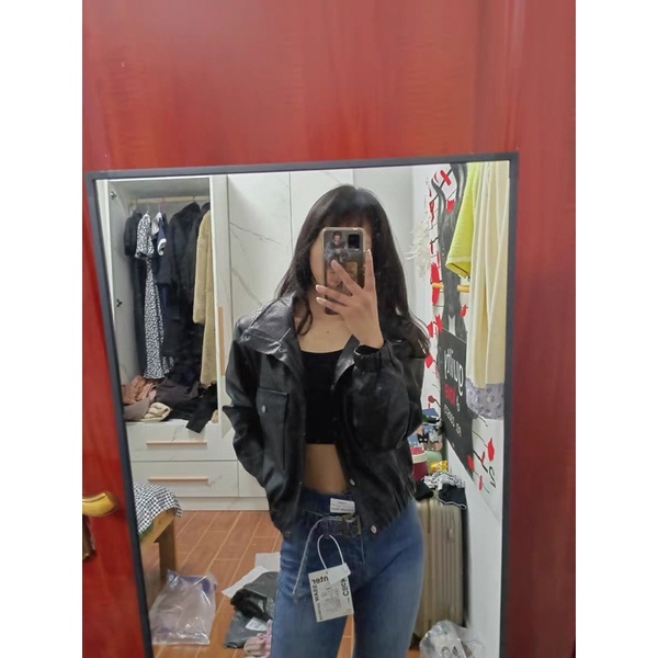 Áo khoác da dáng ngắn túi hộp bo gấu