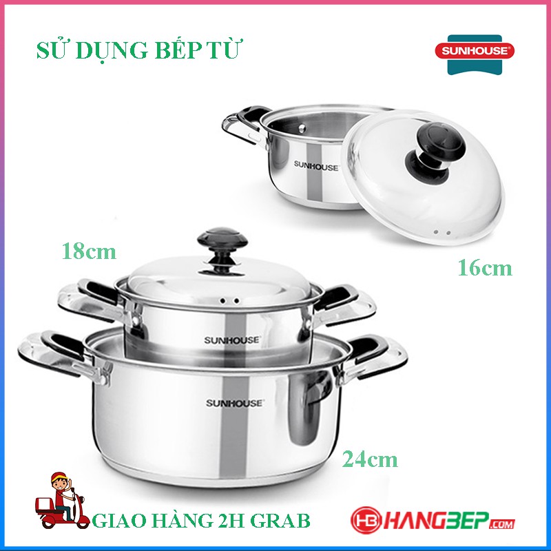 Bộ 3 nồi inox 3 đáy Sunhouse SH333 / SH336 ( sử dụng được với bếp từ)