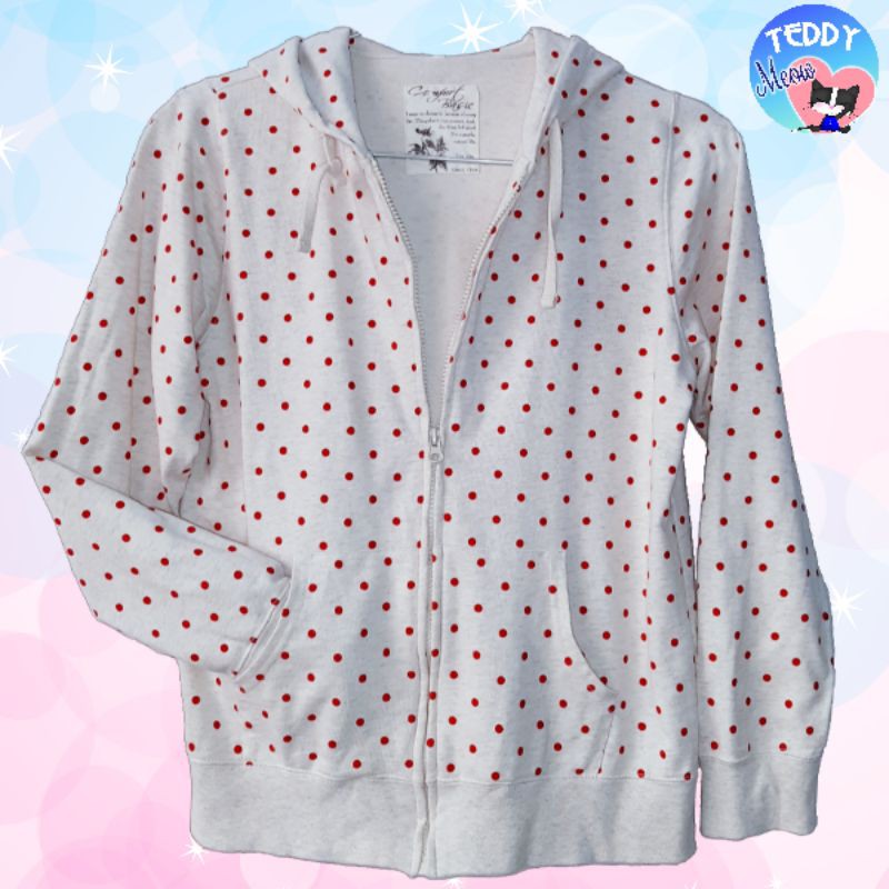 Áo khoác hoodie zipper thun mềm mịn màu kem phối chấm bi đỏ xinh xắn, có nón 2 lớp, túi ngoài, chất đẹp co giãn tốt