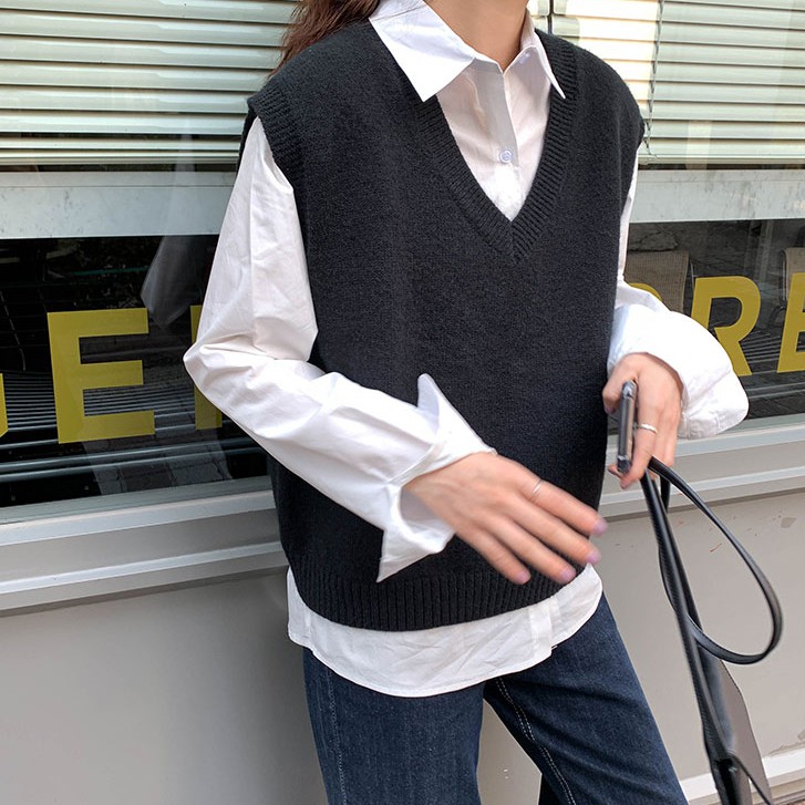 Áo len không tay cổ chữ V màu trơn xinh xắn 31130