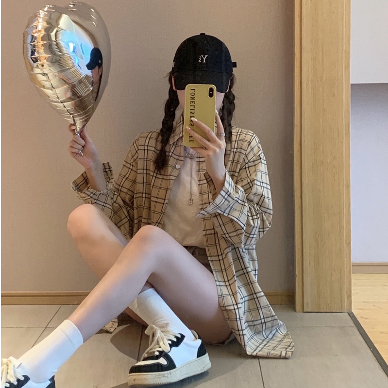 SUXI Áo Sơ Mi Tay Dài Dáng Rộng Kiểu Hàn Quốc Họa Tiết Sọc Caro Cá Tính