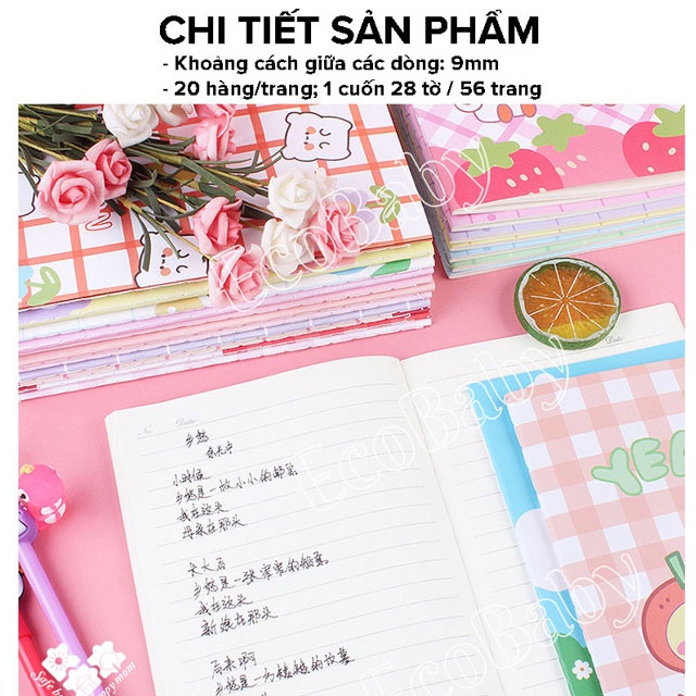 Sổ Tay A5 Dùng Ghi Chép Hoặc Nhật Ký Khâu Gáy 60 Trang (Cả Bìa) Kẻ Ngang Họa Tiết Cute Dễ Thương - EcoBaby