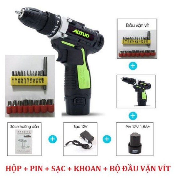 Máy khoan vặn vít không dây hai tốc độ có đảo chiều Aotuo 12V - Tặng kèm bộ 20 mũi vít