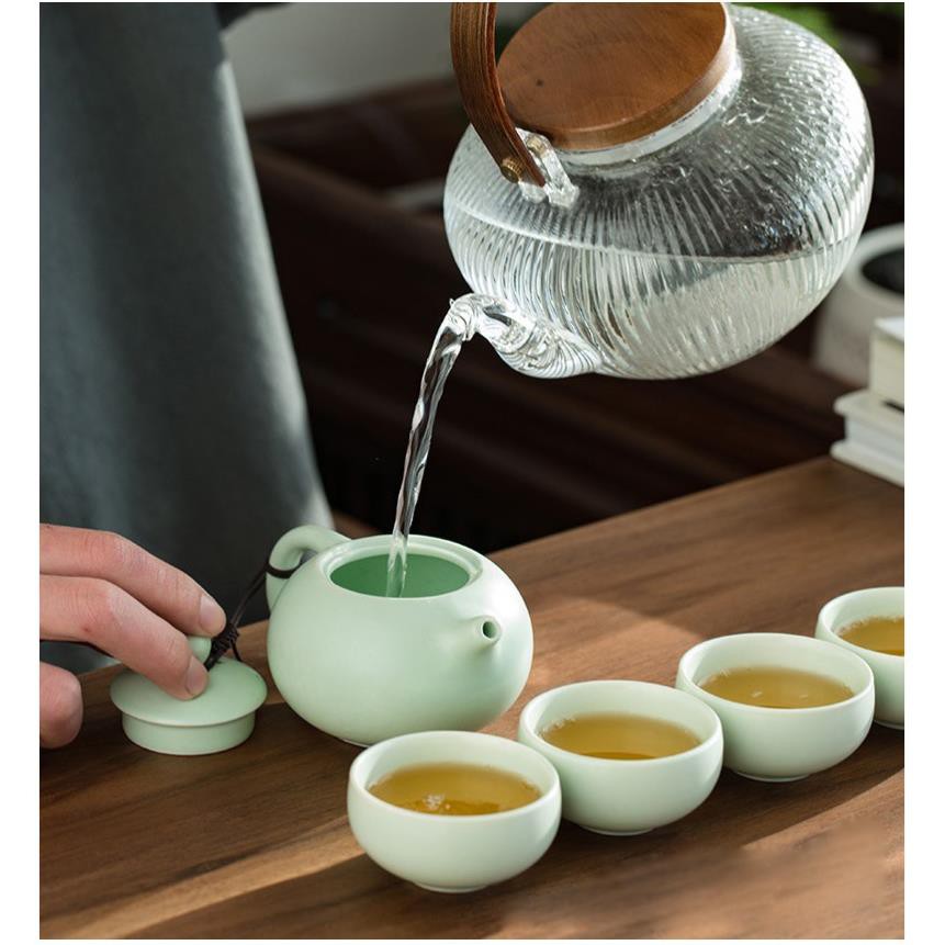 Bộ Chén Trà Du Lịch 4 Chén - Túi Chống Sóc - Chén Sứ Xuyên Sáng