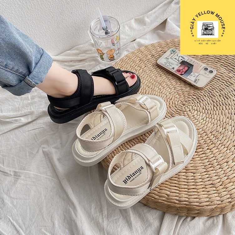Giày sandal nữ RUV dép quai hậu đế may phong cách ulzzang quai dán chéo màu đen/kem