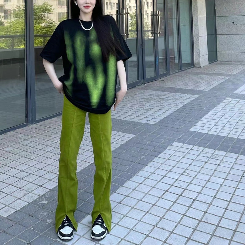 Quần Jean Dài Ống Đứng Xẻ Tà Màu Xanh Bơ Phong Cách Mỹ Thời Trang Mùa Hè Cho Nữ