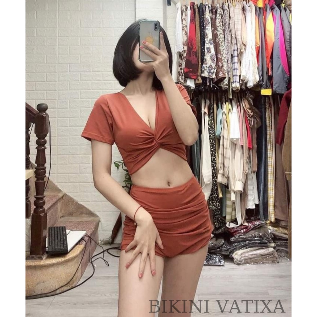 Bikini, Đồ Bơi Đi Biển Hai Mảnh Xoắn Ngực Nhiều Màu, Quần Đùi Cạp Cao Áo Crop VATIXA BKN12