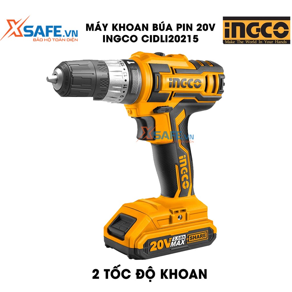 Máy khoan búa pin INGCO CIDLI200215 20V tốc độ búa 22500/ph, nhôm cơ khí 2 tốc độ, kèm 2 pin 2Ah, 1 sạc tiện lợi