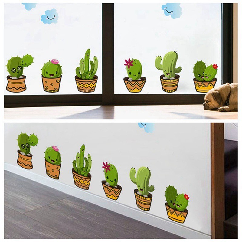 Decal trang trí phòng khách hình cây xương rồng dễ thương