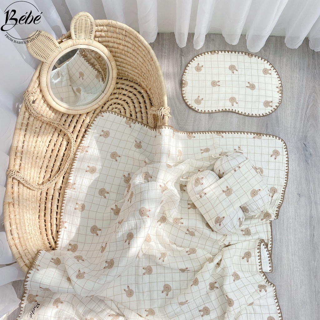 Bé Bé - Set Bộ Chăn, Gối Đầu, Gối Chặn Họa Tiết Thỏ Caro Cho Bé