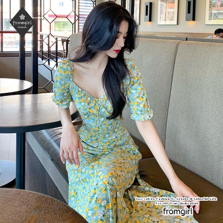 Đầm hoa tay ngắn kiểu Pháp mới năm 2021