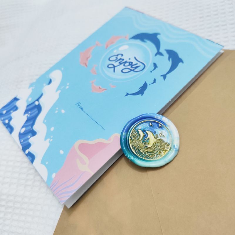 THIỆP dấu sáp hàng thiết kế BIỂN XANH kèm phong thư Kraft kiểu Vintage làm quà tặng, thư mời cá heo xanh dễ thương