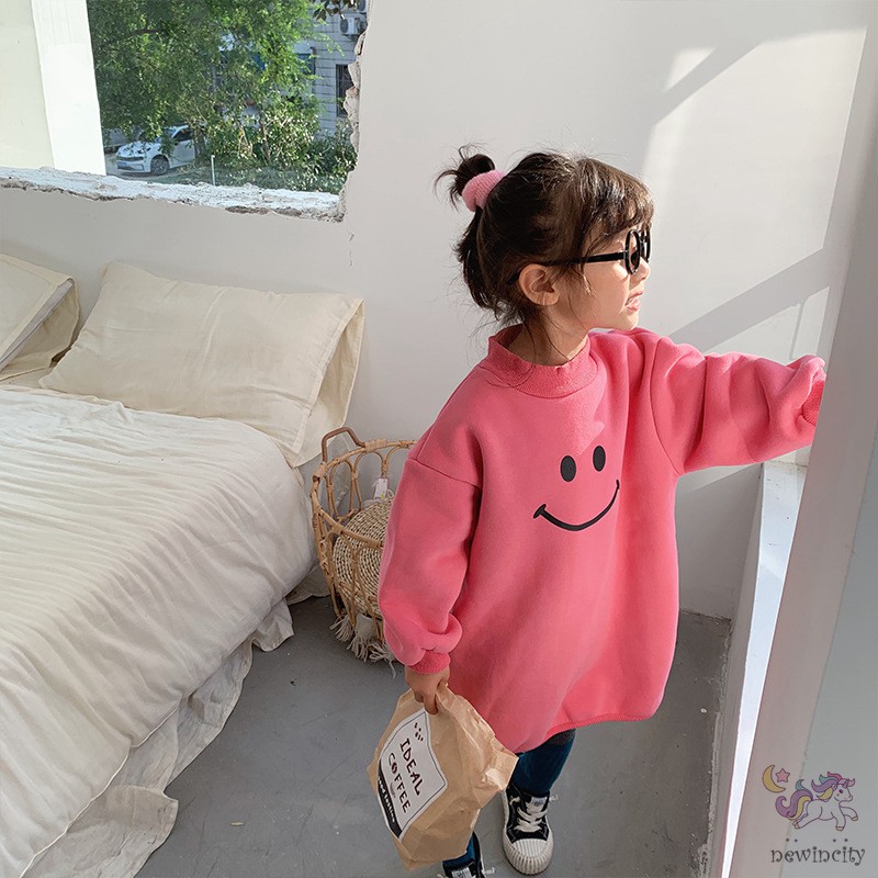 Đầm Thun Dài Tay In Họa Tiết Mặt Cười Cho Bé