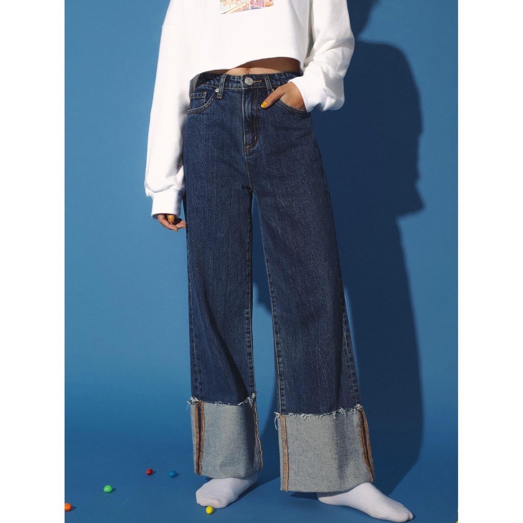 Quần jean nữ xắn gấu thời trang GAGO frayed hem wide-leg jeans màu xanh GO40 size L