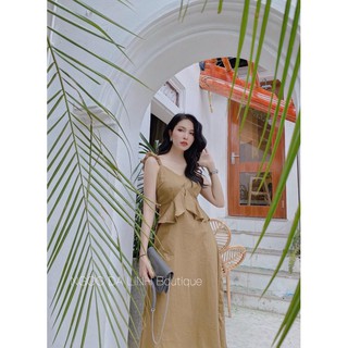 Đầm váy 2 dây bèo ngực màu nâu tây sang chảnh