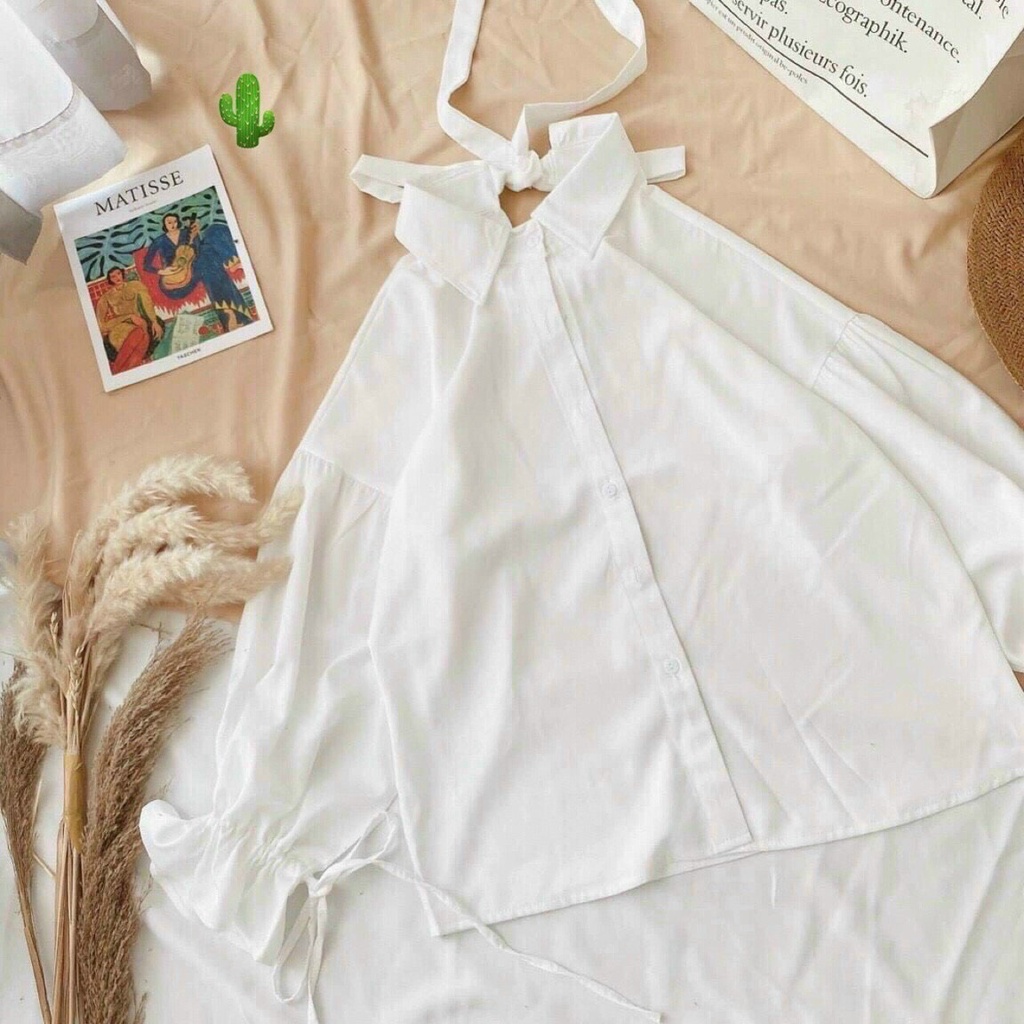 Áo sơ mi form rộng tay bồng cột nơ sau cổ cực xinh , chất kate lụa mềm mịn mát