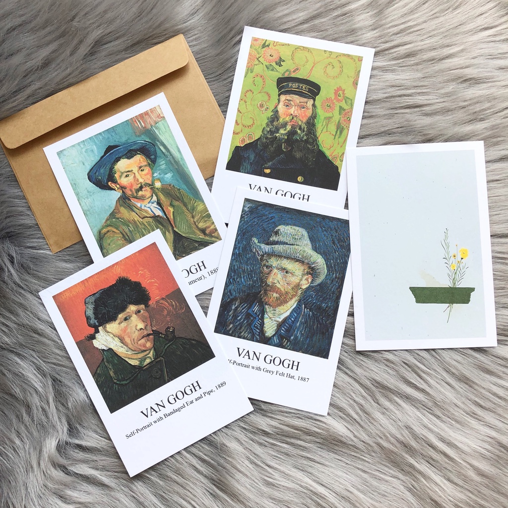 Postcard, Thiệp chúc mừng, Tranh trang trí BST Vangogh Portrait Chân dung  kèm bao thư Kraft