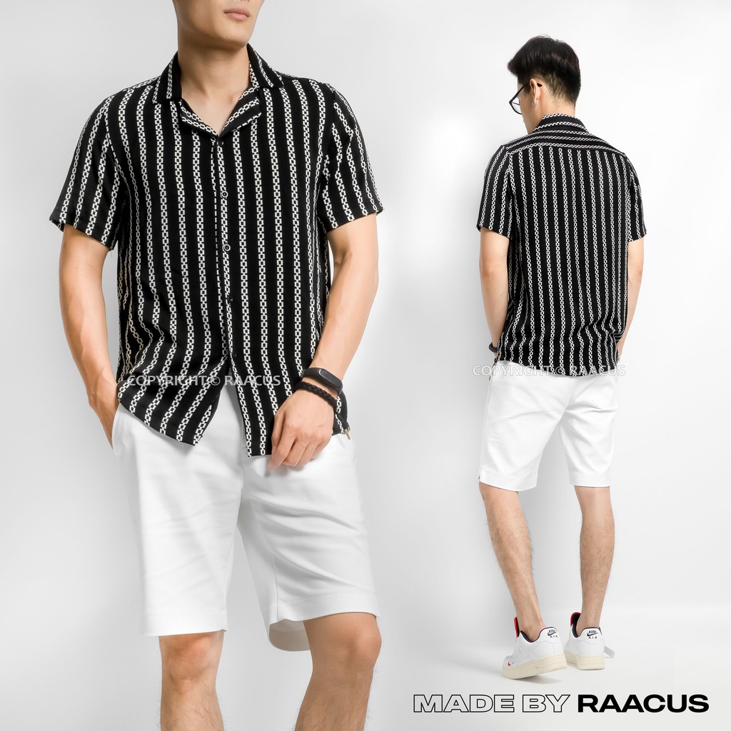 Áo sơ mi nam kiểu Hàn Quốc cổ vest cao cấp RAACUSSTORE, áo sơ mi nam công sở tay ngắn form rộng họa tiết dây xích-A696 | BigBuy360 - bigbuy360.vn