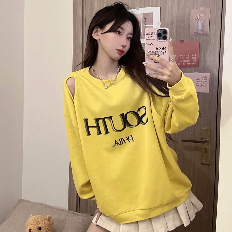 ZHELIHANGFEI Áo Thun Sweater Tay Dài Hở Vai In Họa Tiết Dễ Thương