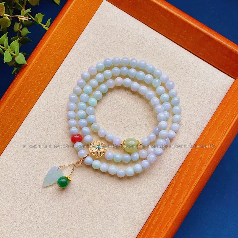 Chuỗi Vòng JADElT 6mm Cuốn 3 Vòng Tay, Charm Hổ Phách, Hòa Điền, Lông Công Malachite - Phong Thủy Thành Đô
