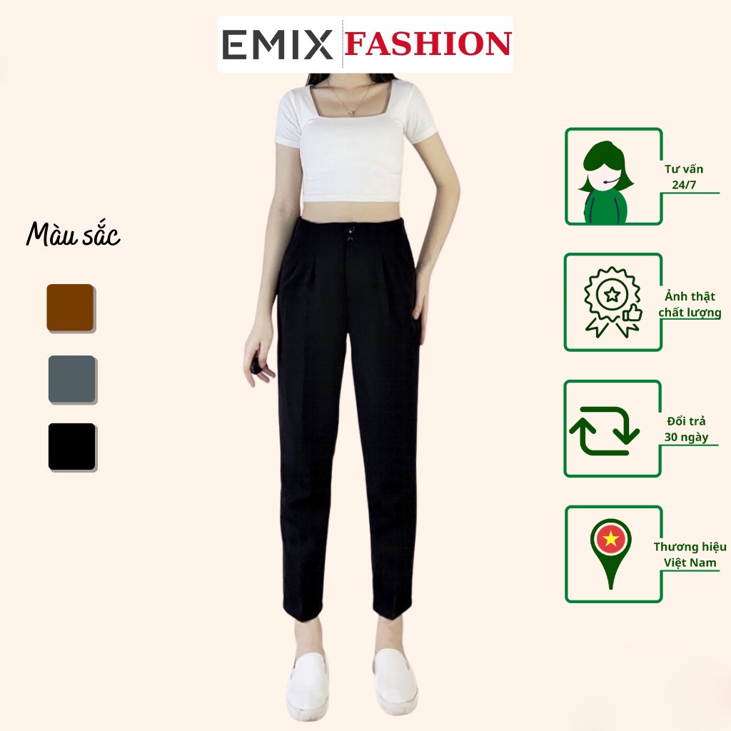Quần tây nữ đi học 2 ly EMIX , dáng dài, form rộng, cạp cao, 2 cúc, vải tuyết mưa, mềm mịn, không lộ Q208