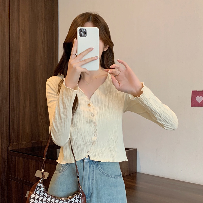 ZHELIHANGFEI Áo Dệt Kim Tay Dài Cổ Chữ V Thiết Kế Độc Đáo Ngọt Ngào