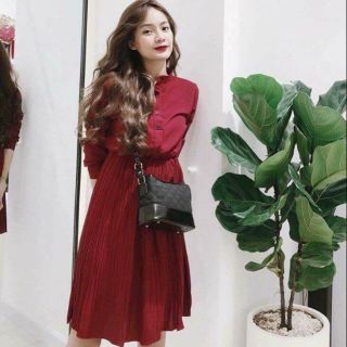 Đầm midi váy đỏ cổ trụ, váy dự tiệc (kèm hình thật)