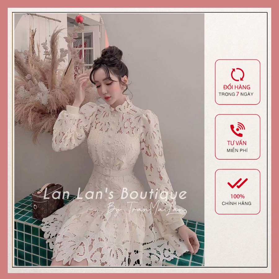 Váy Ren Hoa Thiết Kế Đuôi Cá Cột Eo - Đầm Ren Dáng Xòe Tay Dài Siêu Xinh