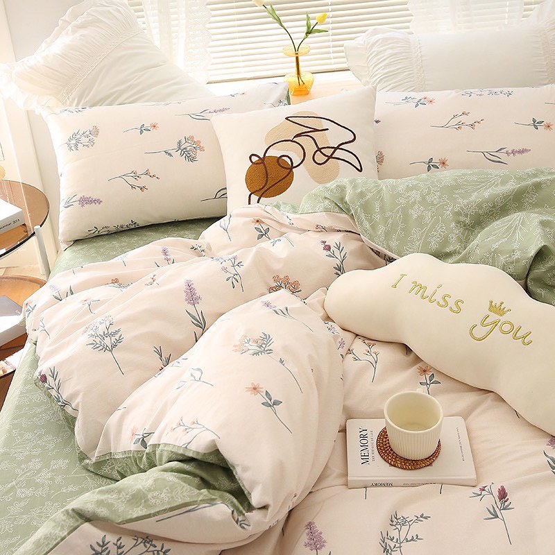 Bộ chăn ga và vỏ gối cotton living cao cấp Mùa Decor - Hoa Lavender tone xanh