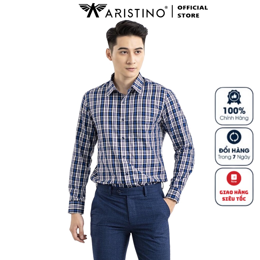 Áo Sơ Mi Nam Dài Tay ARISTINO ALS26101 Somi Công Sở Cao Cấp Màu Xanh Kẻ Trắng Chất Liệu Sợi Sồi Dáng Suông Có Túi