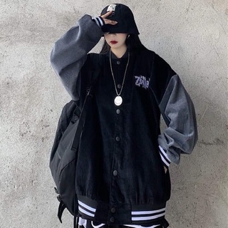 Áo khoác bomber unisex nhung tăm phối tay phom rộng kiểu hàn quốc