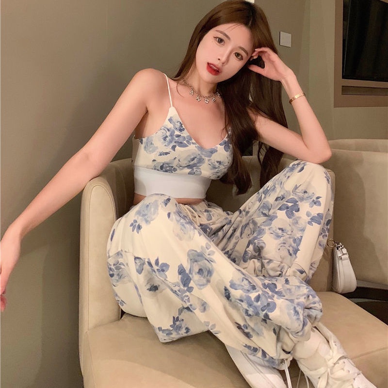 Set Áo Hai Dây In Họa Tiết + Quần Dài Gợi Cảm Năng Động Cho Nữ