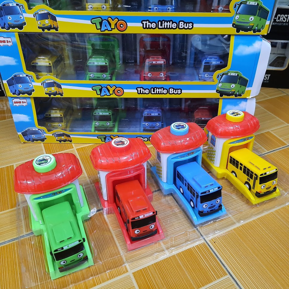 Mô hình xe buýt tayo Tayo The little bộ gồm 4 gara và xe đồ chơi trẻ êm bằng nhựa