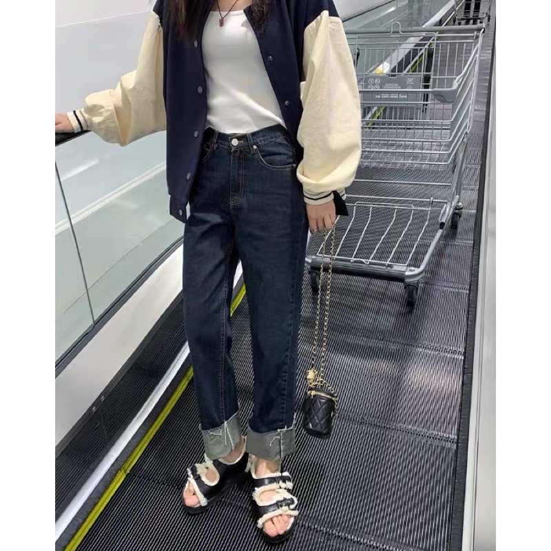 1600 | Quần Bò Jeans Suông Baggy Dáng Đứng Gập Rách Gấu Màu Đen Xám Xanh Thiết Kế Đơn Giản