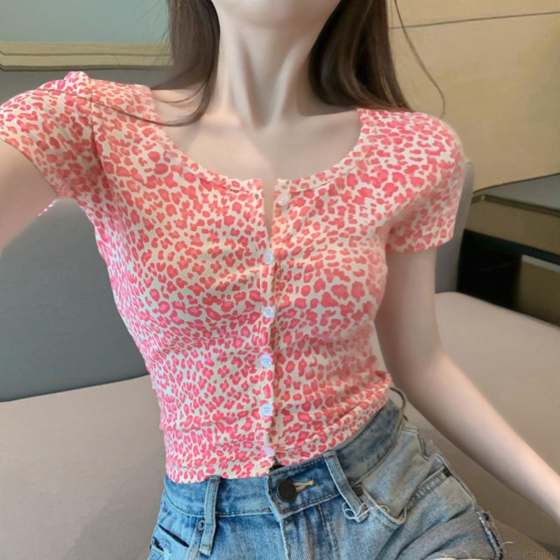Áo Thun Nữ Ngắn Tay Họa Tiết Da Báo Thời Trang
