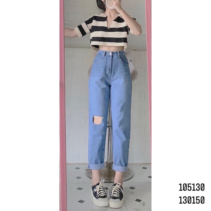 Set Baggy jeans xanh rách 1Ô + Croptop cổ bẻ sọc