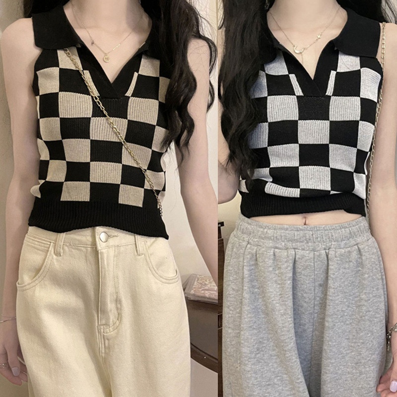 Áo Croptop Dệt Kim Không Tay Cổ Chữ V Họa Tiết Ca Rô Vintage Cho Nữ