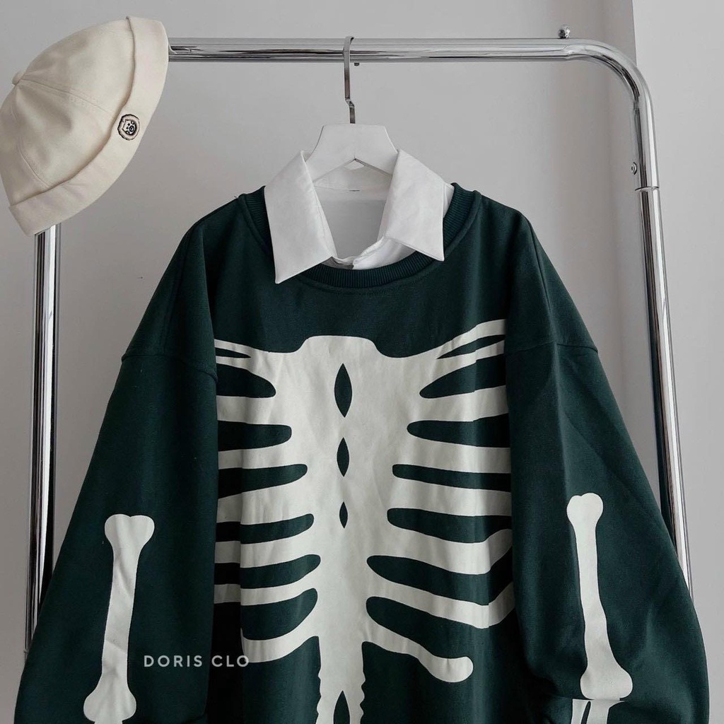 Áo Khoác Sweater Nỉ Thun Form Rộng Nam Nữ Họa Tiết Hình Xương Phong Cách Thời Trang