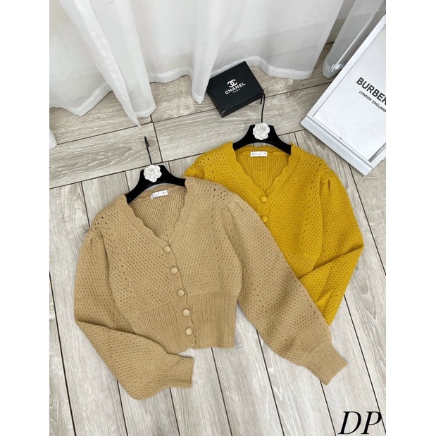 Áo len cadigan cổ V tay phồng